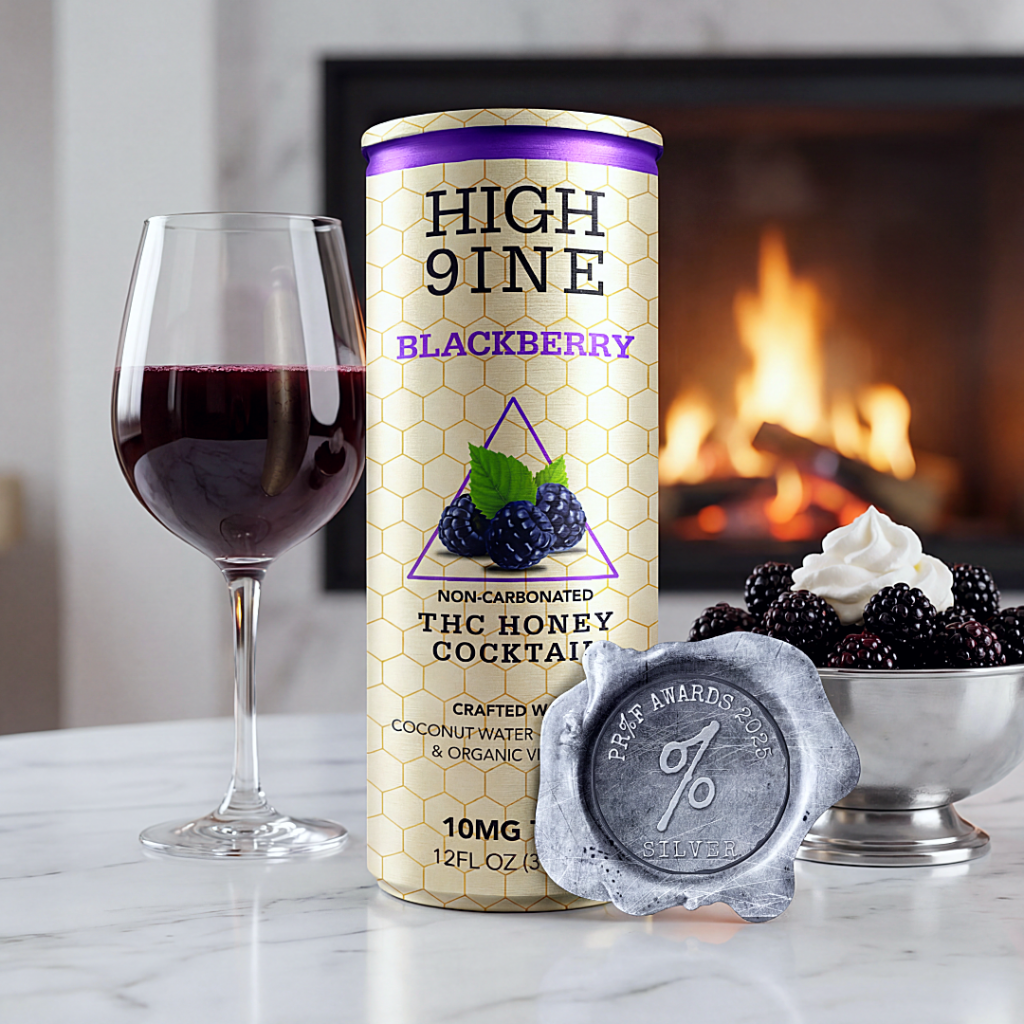 High 9INE non‑carbonated blackberry THC honey cocktail can labeled 10mg THC, presented with blackberries and a drink glass in a warm indoor scene.
