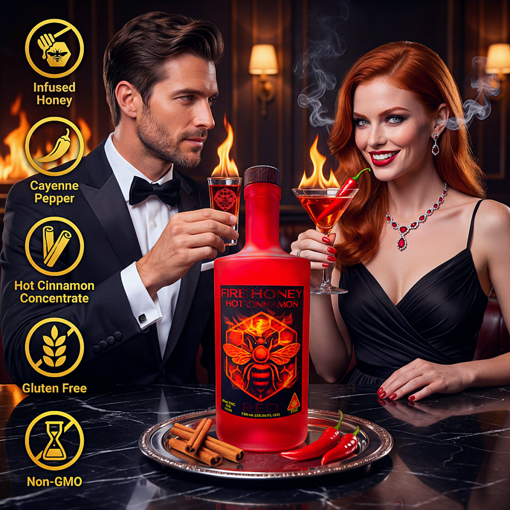 FIRE HONEY RED spicy honey beverage showcased with cinnamon, chili peppers, and elegant evening atmosphere.