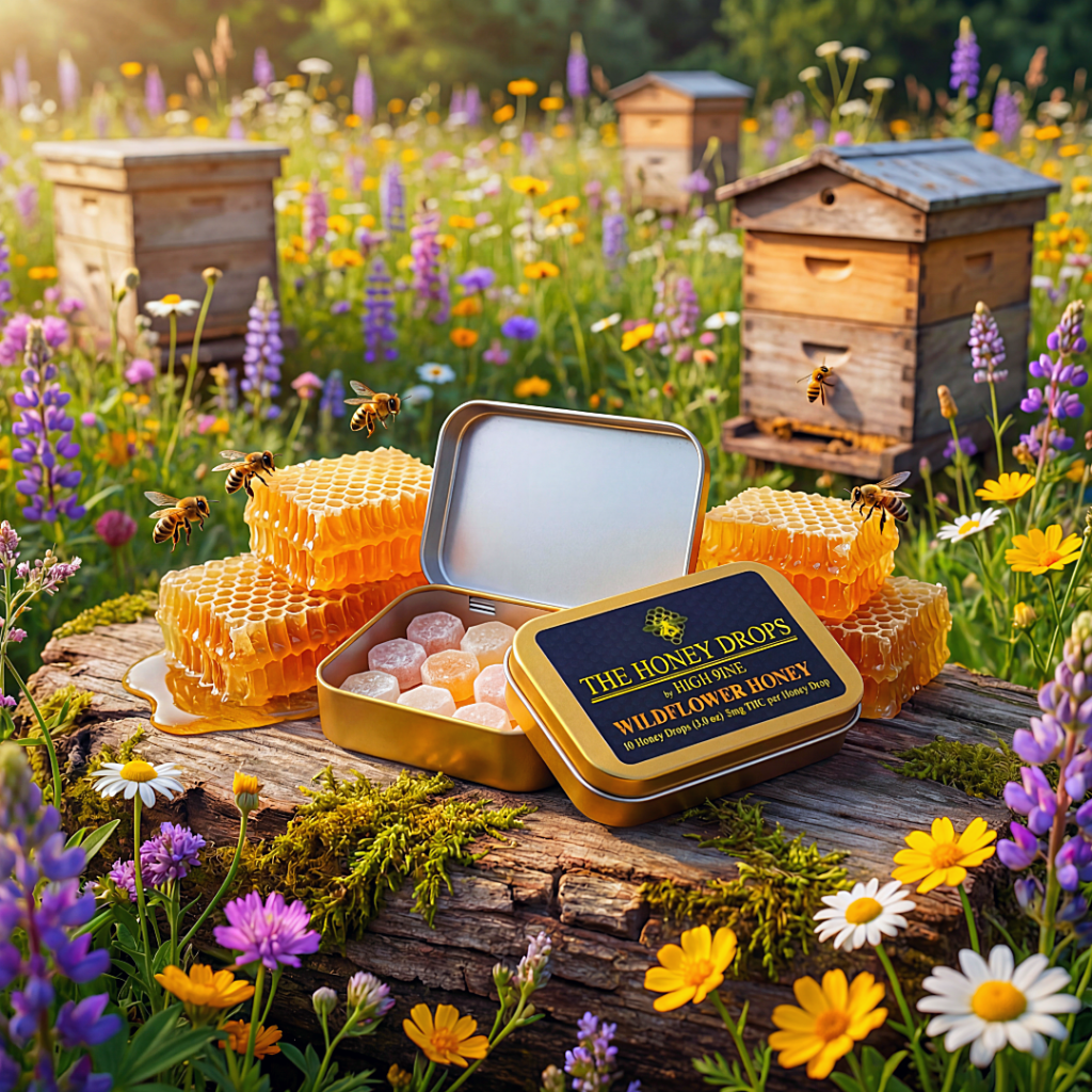 Wildflower THC Honey Drops by HIGH 9INE displayed on a wooden stump with honeycomb and bees in a blooming wildflower meadow near active beehives