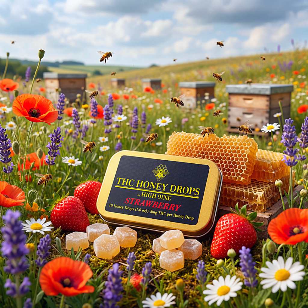 THC Honey Drops by HIGH 9INE shown in a blooming flower field with bees, beehives, strawberries, and honeycomb highlighting natural honey sourcing.