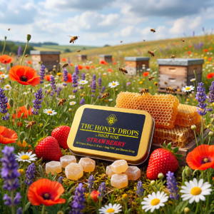 THC Honey Drops by HIGH 9INE shown in a blooming flower field with bees, beehives, strawberries, and honeycomb highlighting natural honey sourcing.