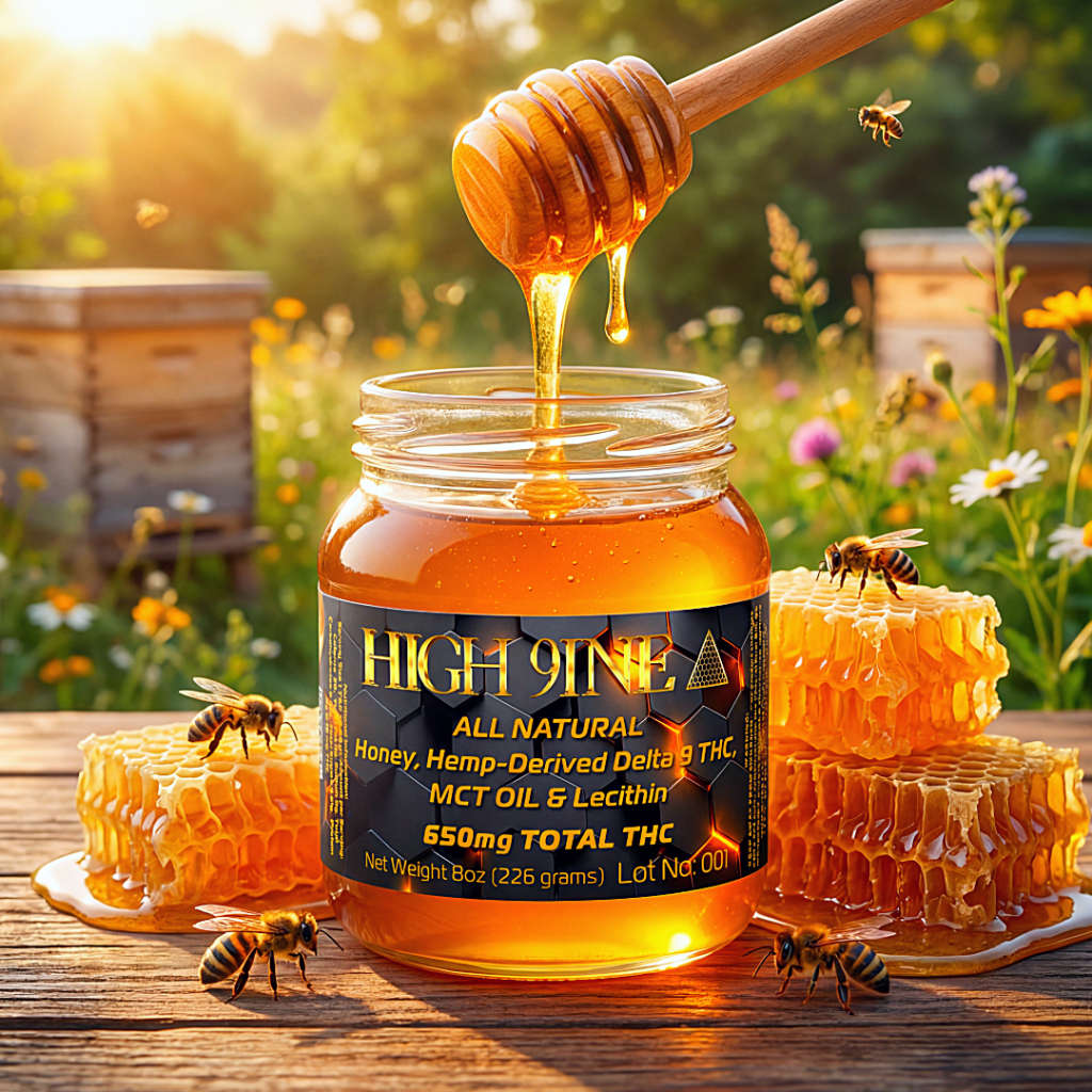 High 9INE all‑natural THC honey jar labeled 650mg total THC, shown with dripping honey, honeycomb, and bees in a vibrant outdoor garden.