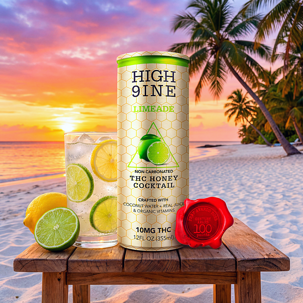 Limeade THC honey cocktail can crafted with coconut water, real juice, and organic vitamins shown beside an iced lime drink in a tropical setting.