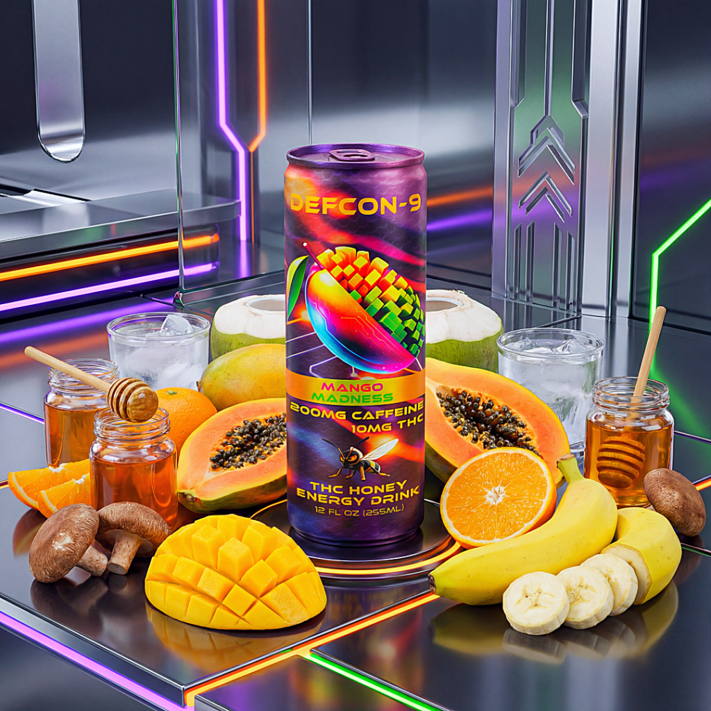 DEFCON‑9 Mango Madness energy drink with 200mg caffeine and 10mg THC styled among tropical ingredients in a glowing sci‑fi environment