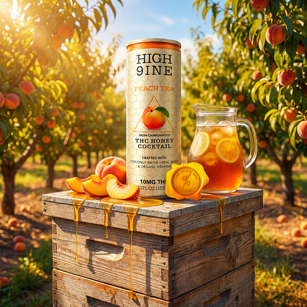 Peach Tea THC honey cocktail can crafted with coconut water, real juice, and organic vitamins displayed with nutrition panel, no‑sugar claim, and non‑GMO and gluten‑free icons