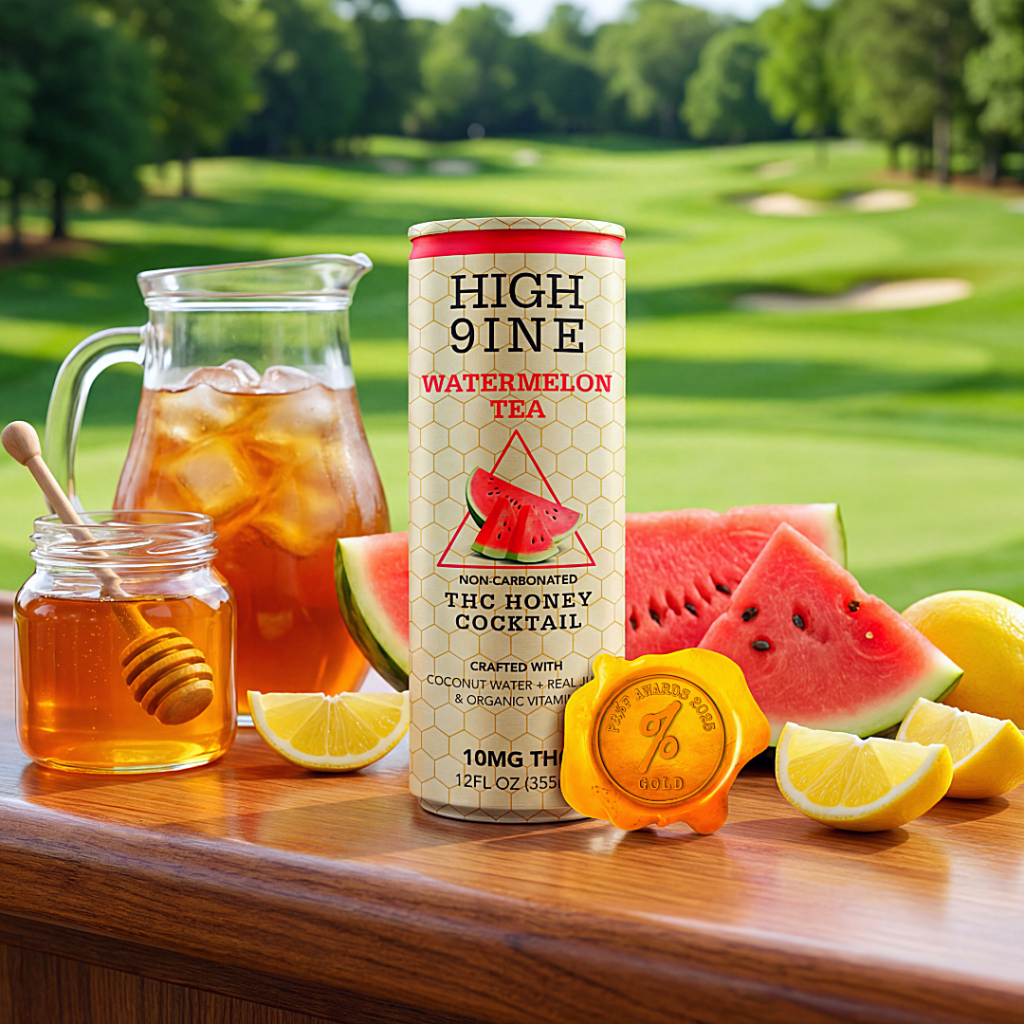 Watermelon Tea THC honey cocktail can crafted with coconut water, real honey, and organic vitamins shown beside fresh watermelon, lemon, honey jar, and iced tea pitcher outdoors.